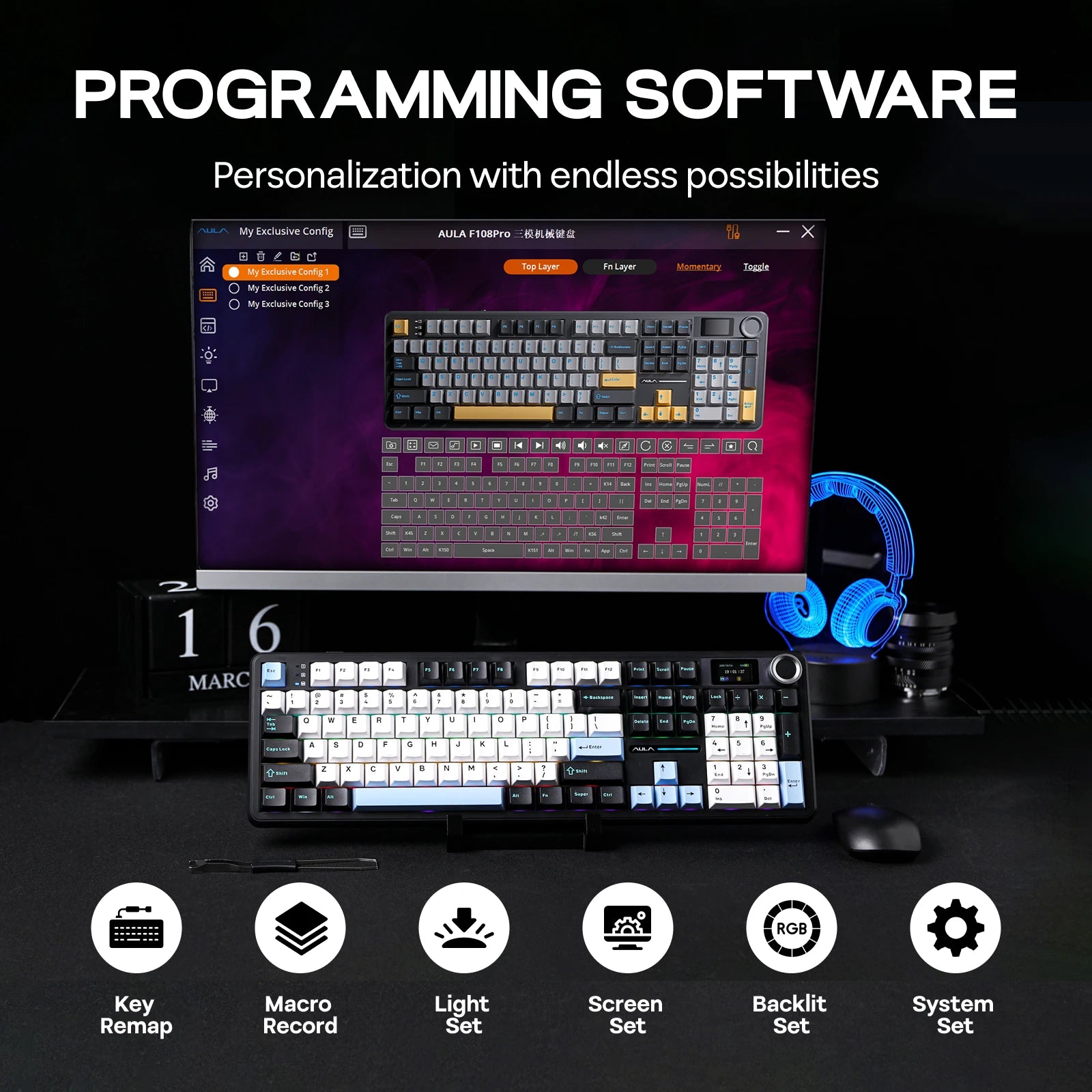 EPOMAKER X AULA F108 PRO Full Size 100% ANSI Layout Hot Swap Wired/2.4GHz/Bluetooth Wireless Mechanical Keyboard RGB Backlight